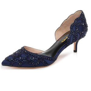 XYD Navy Pointed Toe Low Heel D'Orsay Rhinestone Studs Pumps